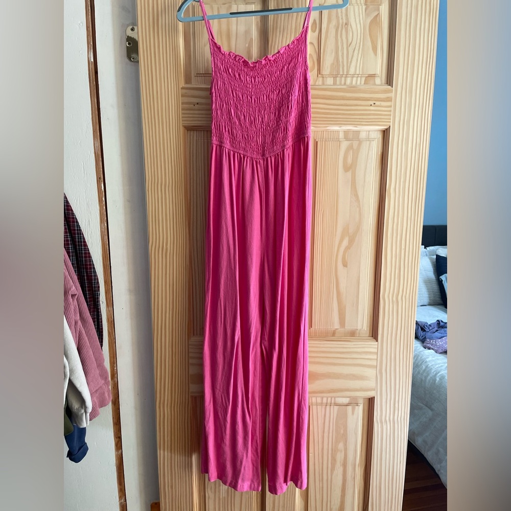 Pink Linen Pantsuit Romper with adjustable Spaghetti Straps